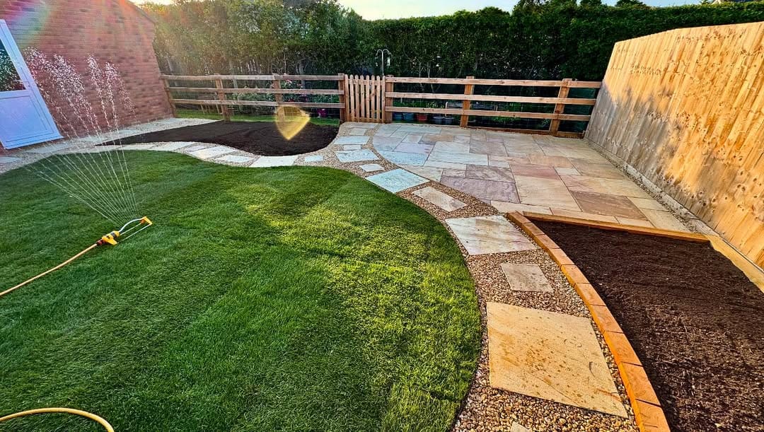Full Garden Renovation in Ledbury — Free Flowing Design With Sandstone, Resin Gravel and New Lawn